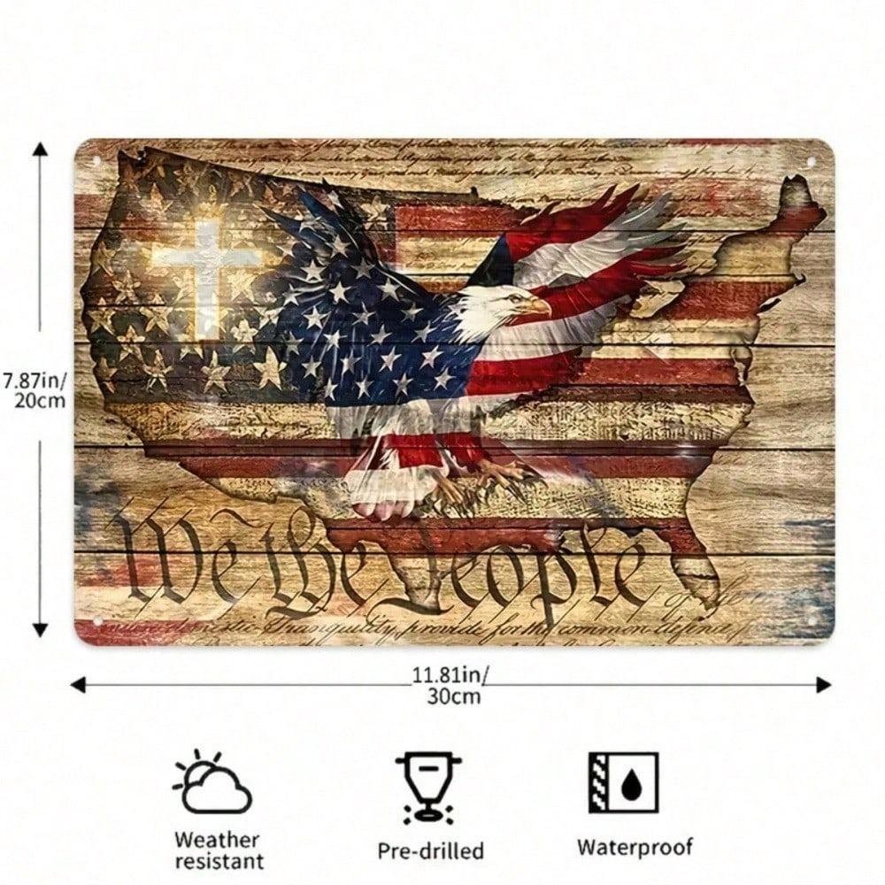 Metal Wall Art Vintage Tin Sign 8x12 Inch Rustic American Flag Constitution Design Patriotic Decor We The People