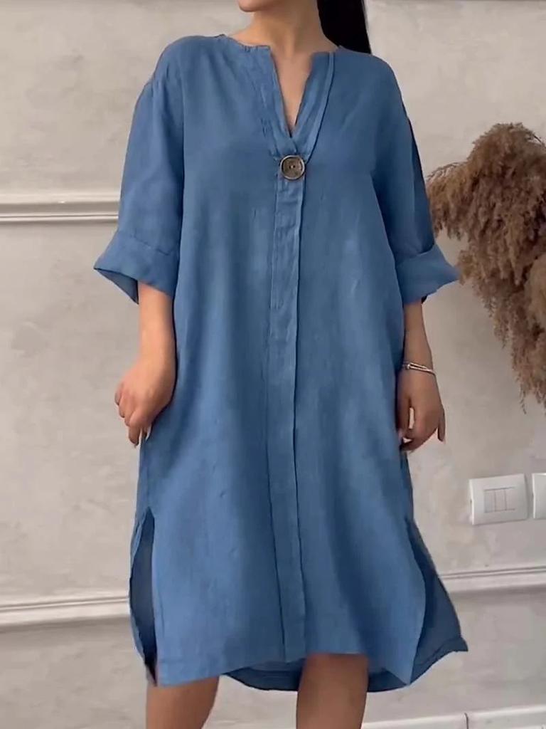 Women's New Cotton Linen Solid Color Casual Round Neck Button Long Dress