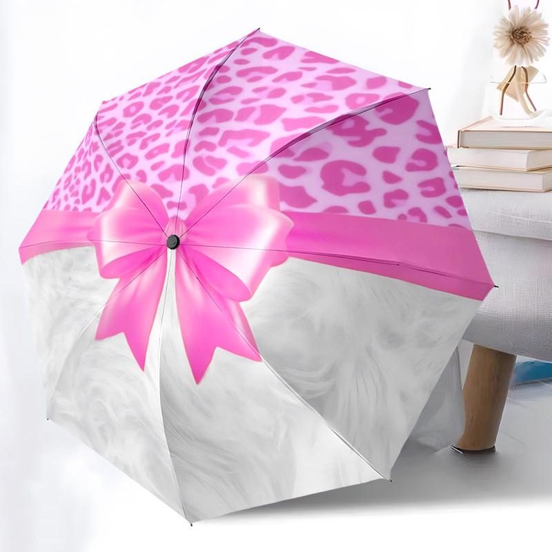 1pc Pink Leopard Bow Print Automatic Opening and Closing Folding Umbrella with 8 Iron Ribs - Portable, Foldable for Travel Yy251124090