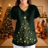 Women's Christmas Print Short Sleeve V-Neck Loose Fit Caregiver Uniform with Pockets