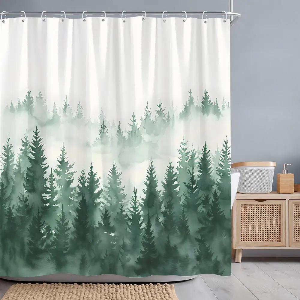 Misty Forest Shower Curtain Dreamy Rainforest Watercolour Print Polyester Fabric Shower Curtains Bathroom Decoration with Hooks