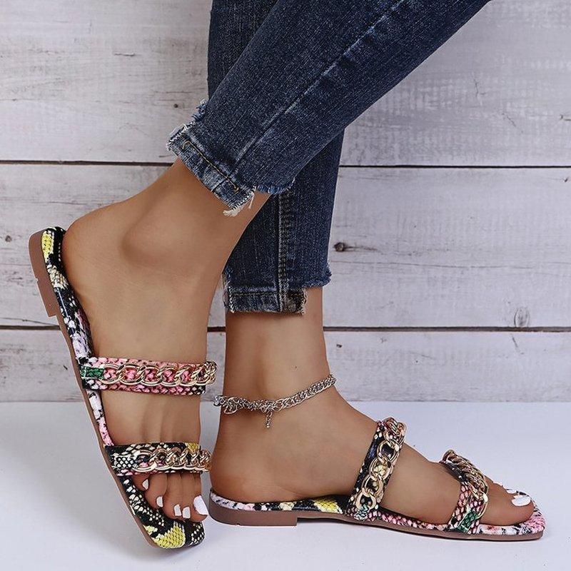 Summer Shoes  Snake Pattern Artificial Leather Women Flat Sandals Sexy Ladies Shoes Roman Beach Sandals Big Size Flip Flops