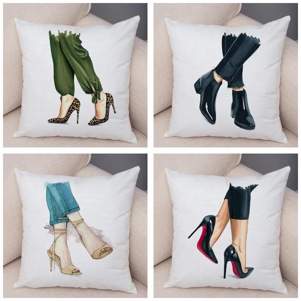 Lady High Heel Shoes Print Cushion Cover for Car Sofa Home Super Soft Short Plush Pillow Case Decor Cartoon Pillowcase 45*45 Cm