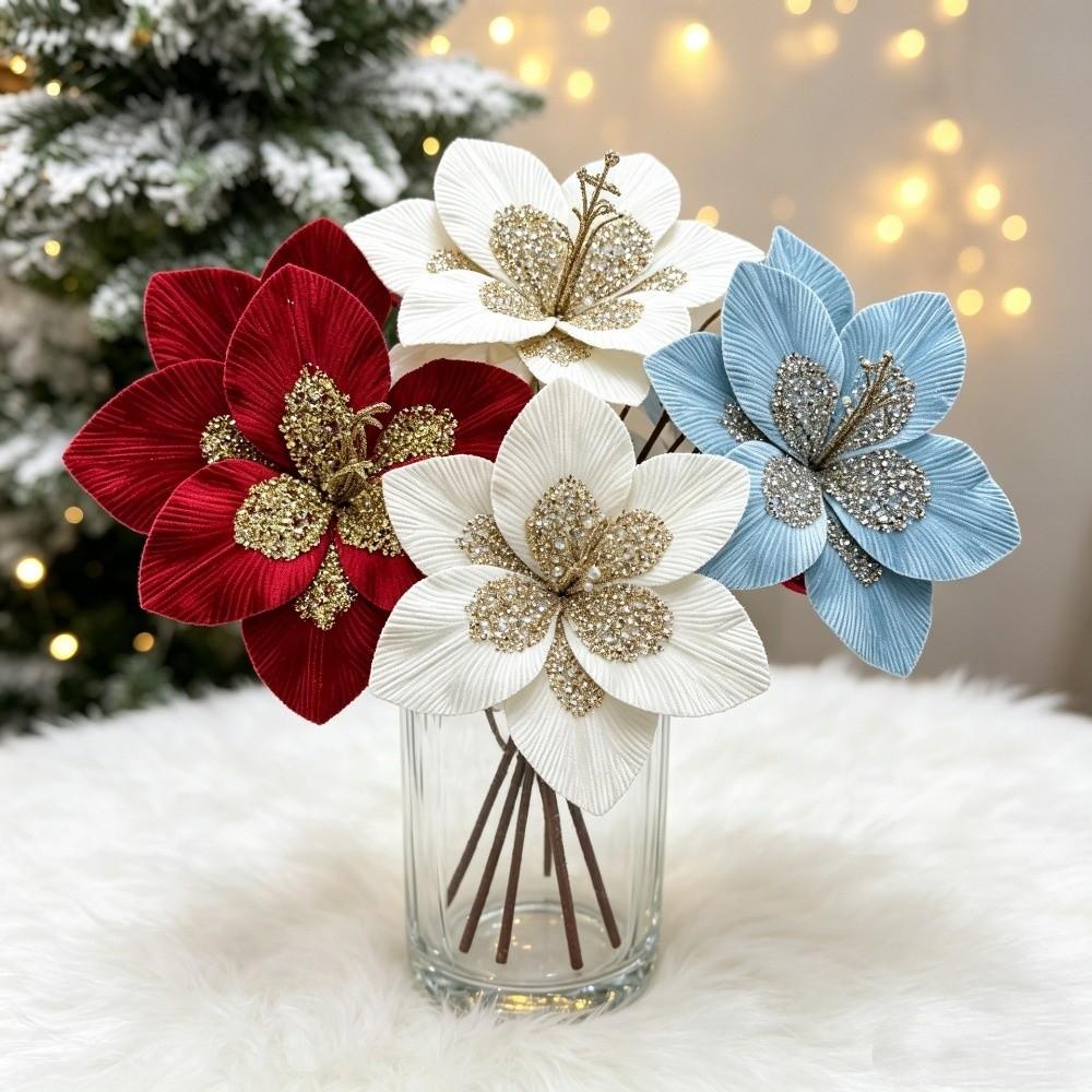 1PC Glitter Sequin Christmas Fake Flowers Flannel Magnolia Flowers  Xmas New Year Decor