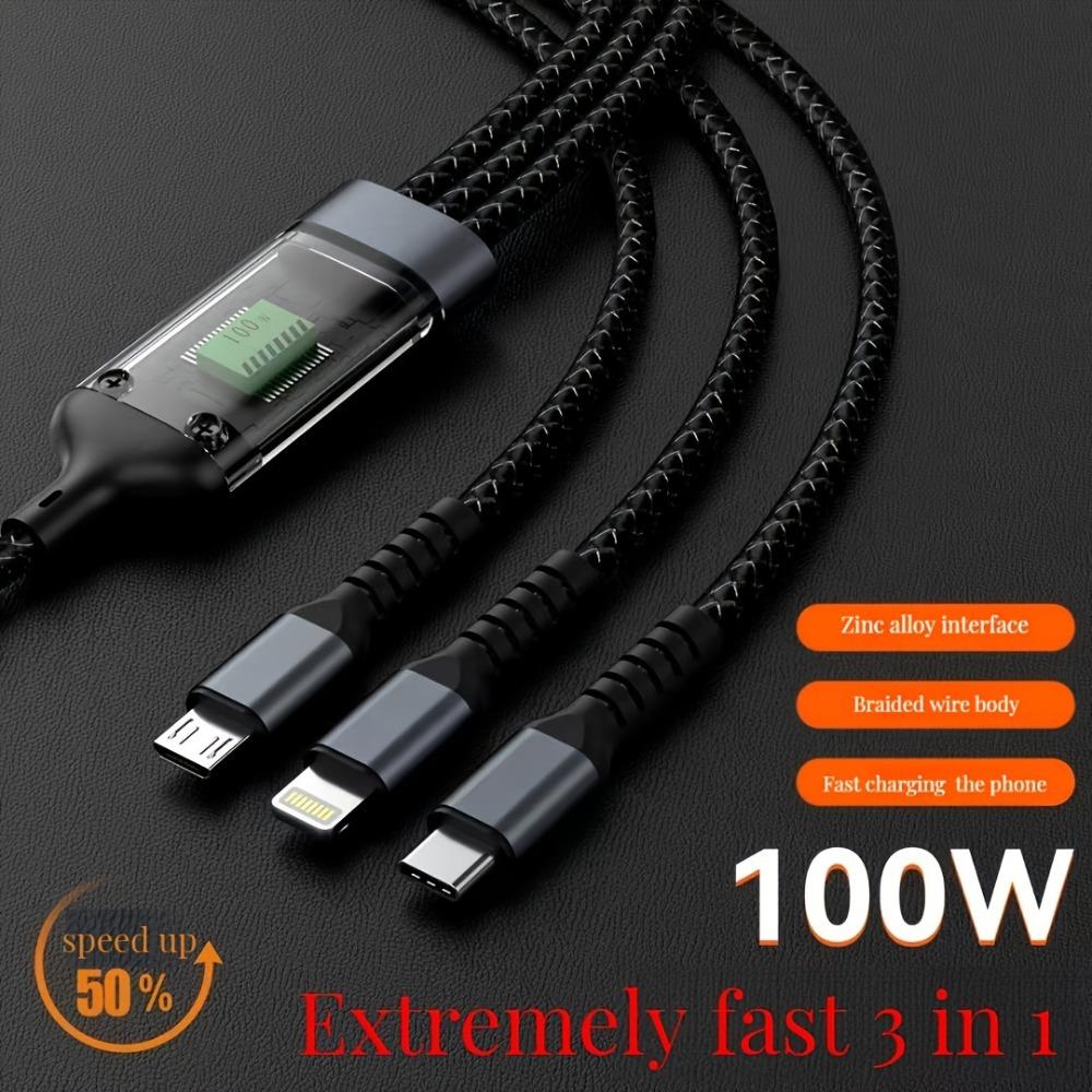 

3-in-1 USB Type-C Charger Cable - Lightning-Fast Charging For iPhone, For Android Phones, and Tablets - 100W Power - AC to Phone + Type C