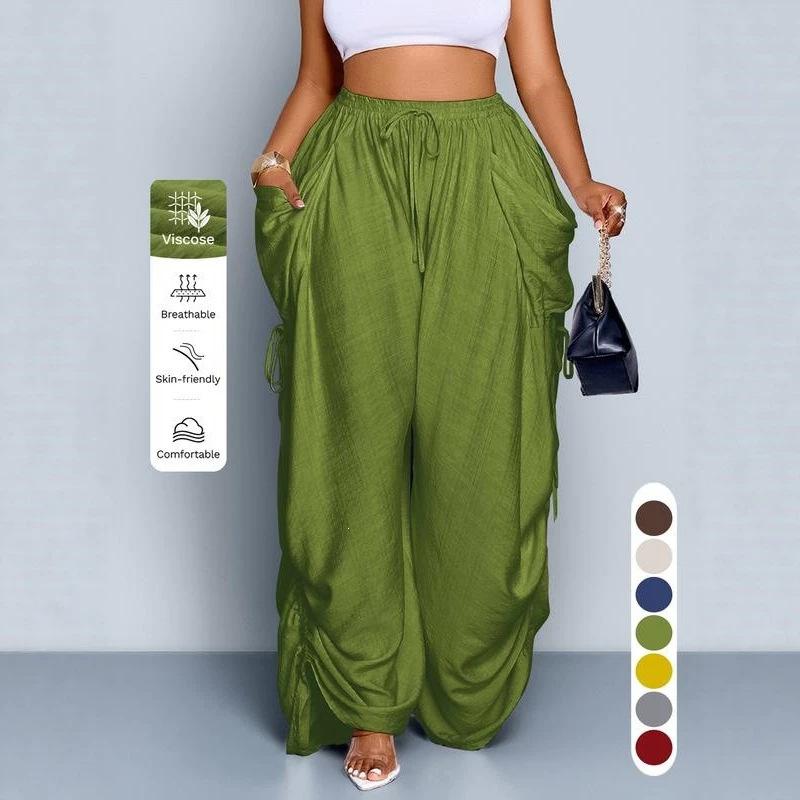 Women's Elastic Drawstring Waist Wide Leg Pants Loose Palazzo Trousers Retro Punk Ruched Casual Pants