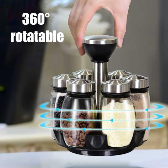 7-Piece Spice Jar Set Rotating Glass Seasoning Bottles with Lids Storage Rack for Salt Sugar Pepper Kitchen Counter Organizer