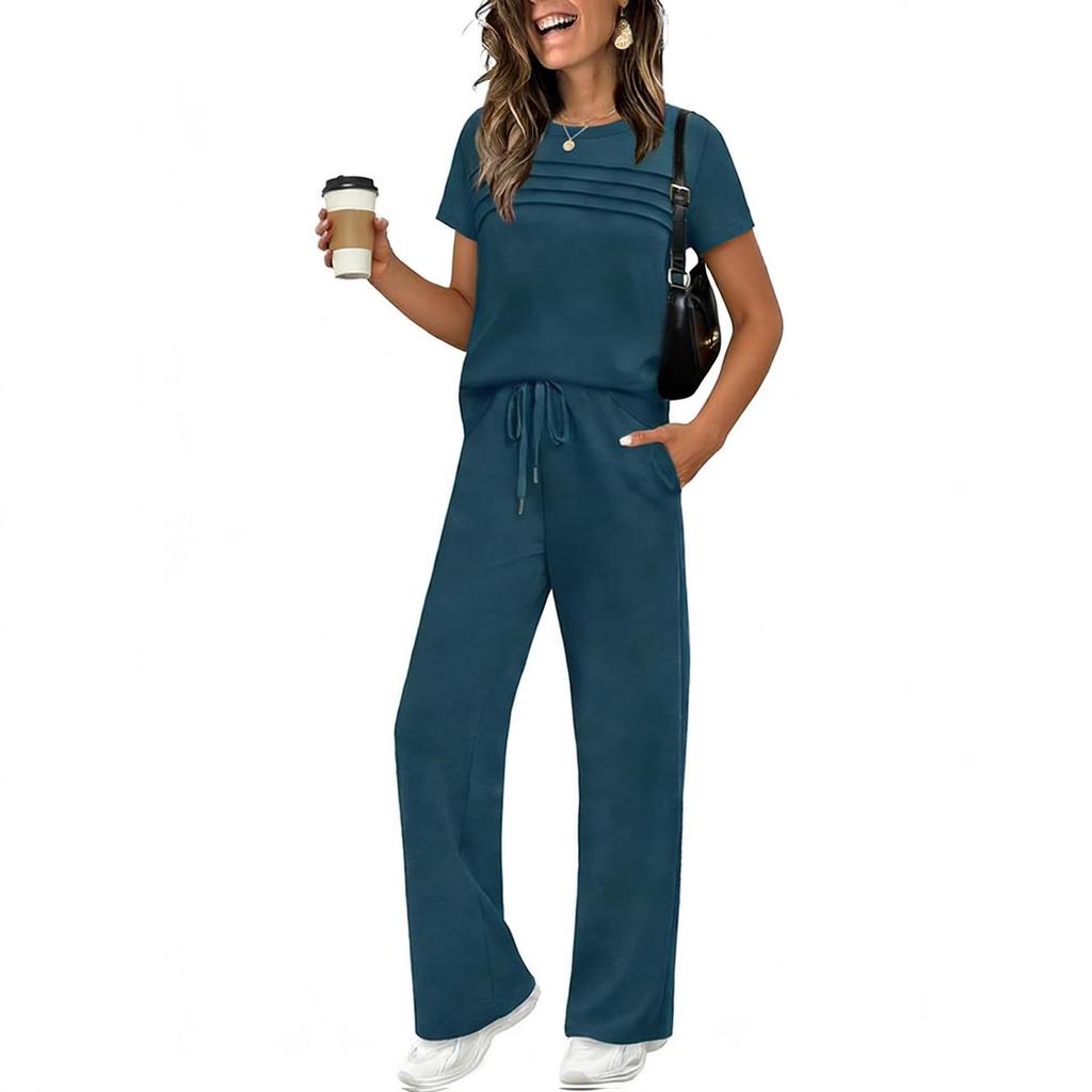 2026 New Spring/Summer Women's Casual Set: Short Sleeve Top and Wide-Leg Long Pants