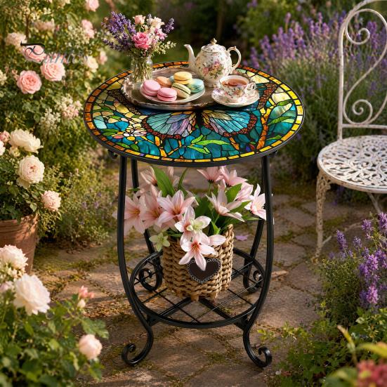 2-layer Storage Rack Outdoor Side Table, Round Small Mosaic Bird Butterfly Patio Accent, Indoor End Table Plant Coffee Tea for Yard Porch Garden