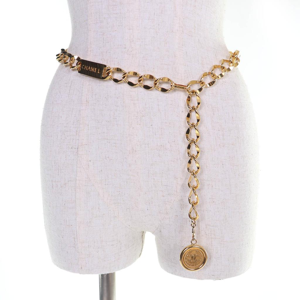 Great CHANEL belt COCO Mark Coin Motif With Logo Chain Belt gold Women Used