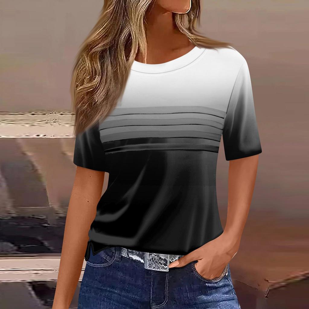 Women's Pleated Round Neck Gradient Print Short Sleeve T-shirt Hem Slit Top