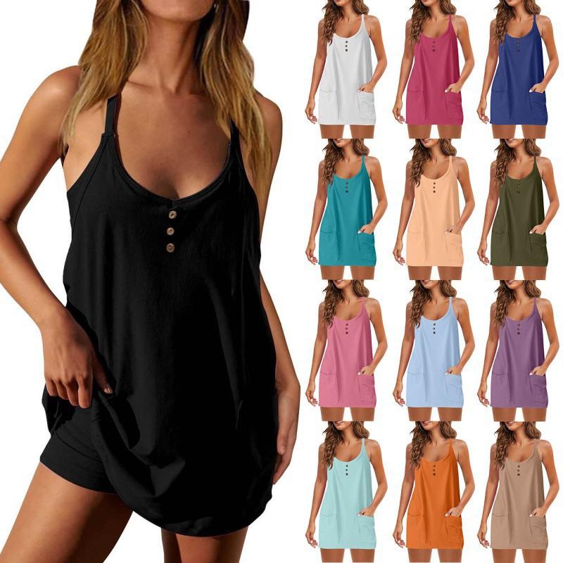 2026 Women's Casual Solid Color Sling V-neck Button Pullover Sleeveless Dress Set