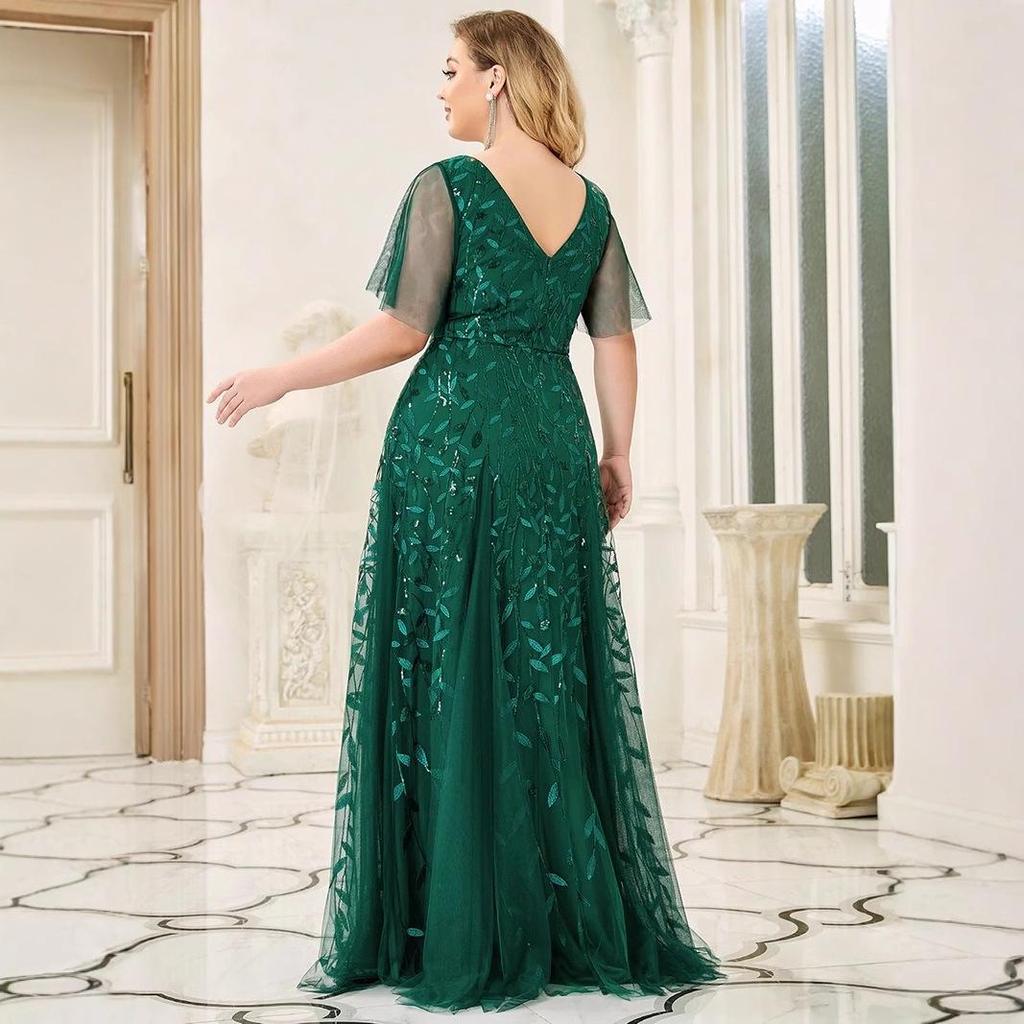 2026 Summer European & American V-neck Patchwork Mesh Evening Gowns for Banquets & Performances
