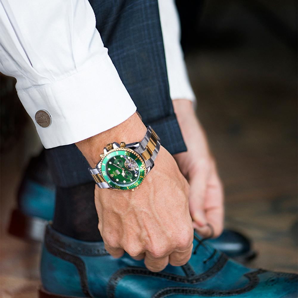 Luksusowy Tourbillion Topowej Marki Zielona Tarcza Złoty Stal Nierdzewna Męski Biznesowy Sportowy Design Męski Automatyczny Zegarek Sportowy na Rękę