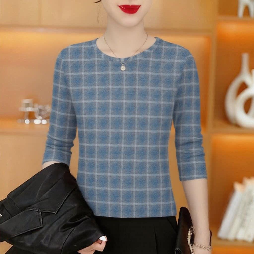 

Elegant Plaid Long Sleeve T-shirt for Women: Anti-aging, Tummy-Concealing, Fashionable Slimming Top 2XL