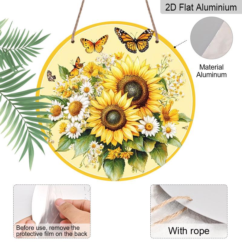2D Flat Aluminum Retro Sunflower-Themed Wall Art 7.87 Inches X 7.87 Inches Rustic Style Perfect for Gardens, Farmhouses, Bars, Cafes, Parties, Front