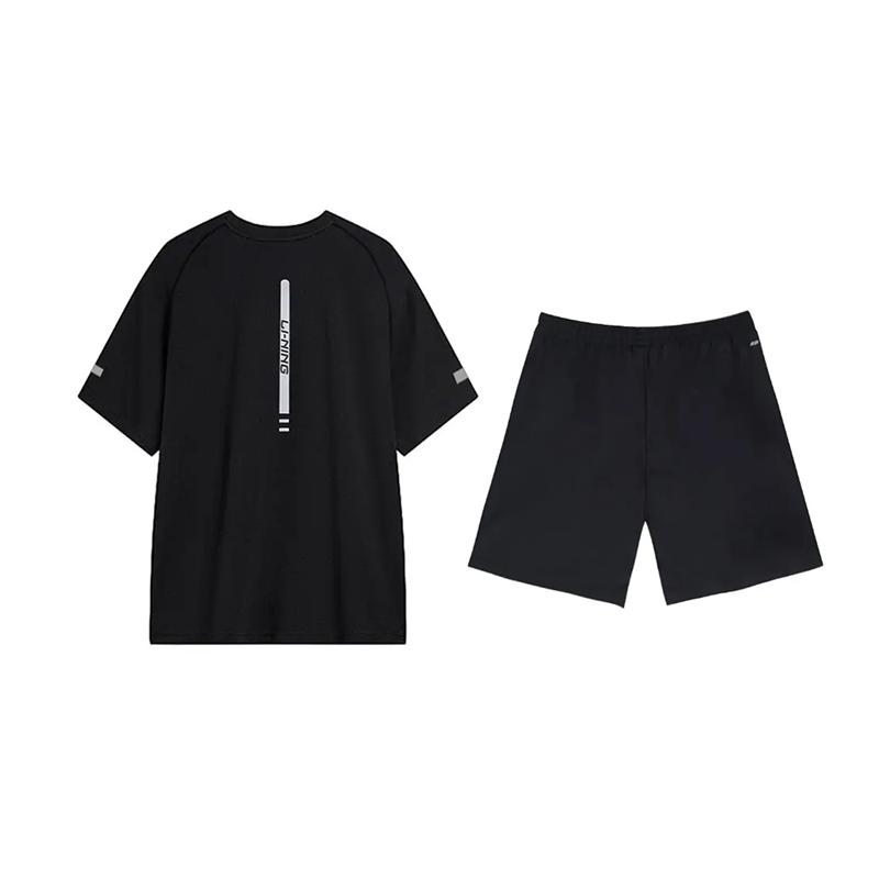 Li-Ning Fashionable Breathable Letter Print Round Neck Short Sleeve T-Shirt Casual Sports Set Unisex Tops Black YTSU163-3+YKSV147-2