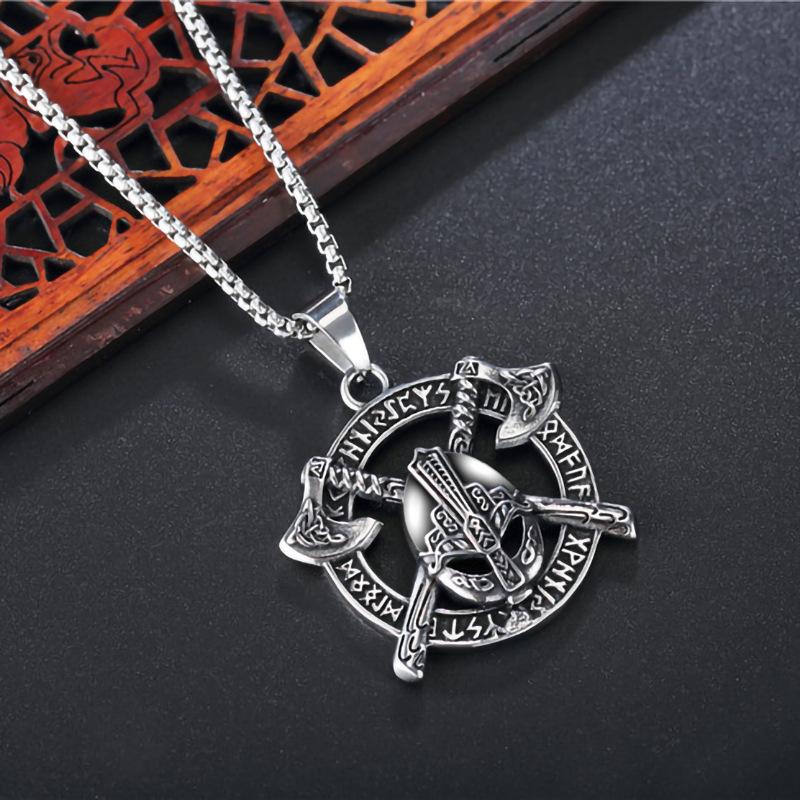European and American Jewelry Nordic Viking Warrior Helmet Necklace Thor Axe Logo Pendant Necklace