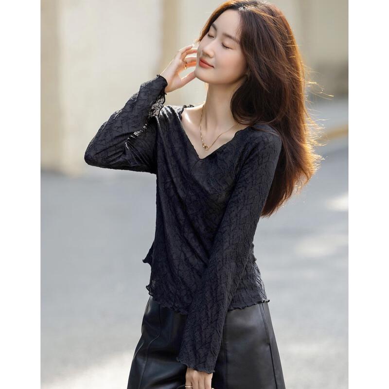 Demana Elegant V-Neck Lace Embroidered Long Sleeve T-Shirt