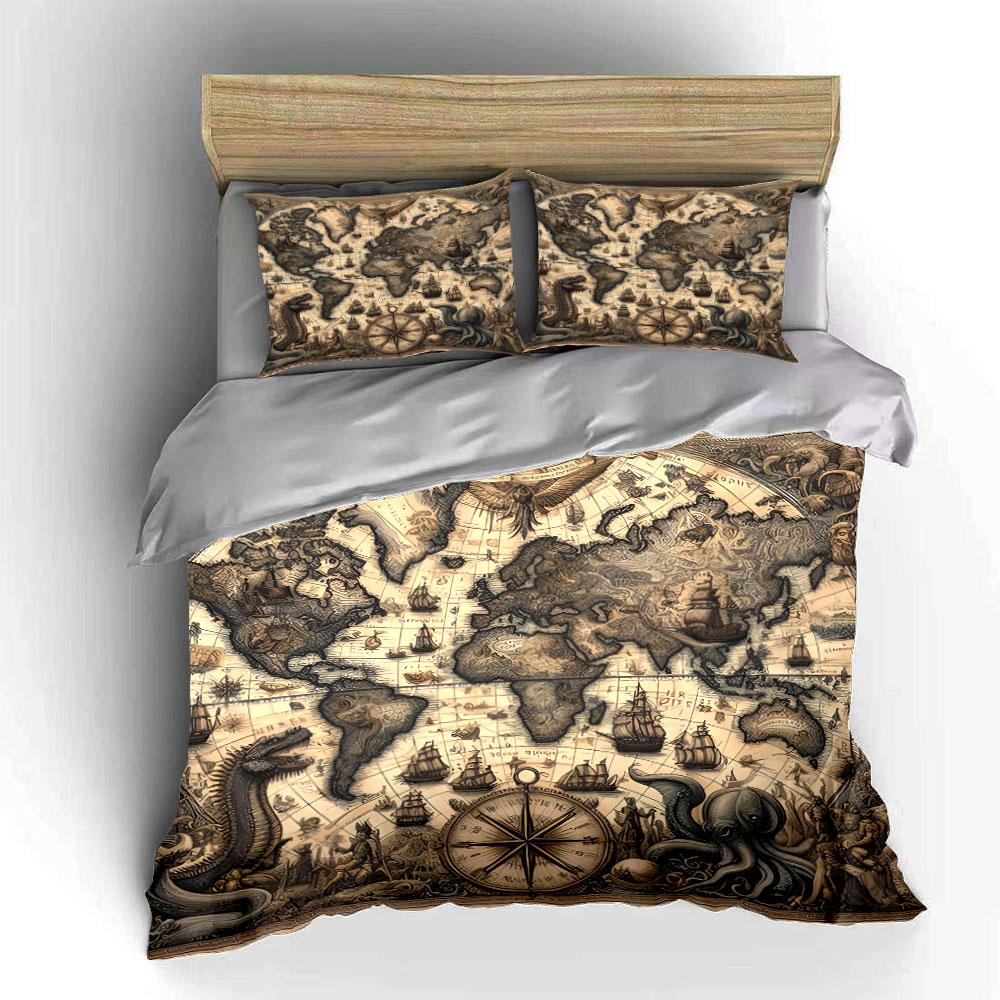 Vintage Nautical World Map Bedding Duvet Cover Set Duvet Cover Pillowcases  (1*Duvet Cover 2*Pillowcases, Without Duvet Insert)