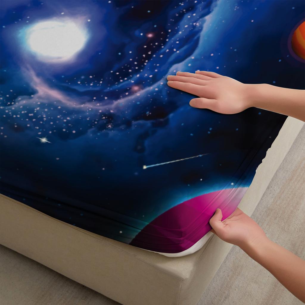 3pcs Cool Fitted Sheet Gifts For Teen Boys Bedroom Decor Vivid Cosmic Galaxy Nebula Planets Stars 3D Print Washable Flat Sheet