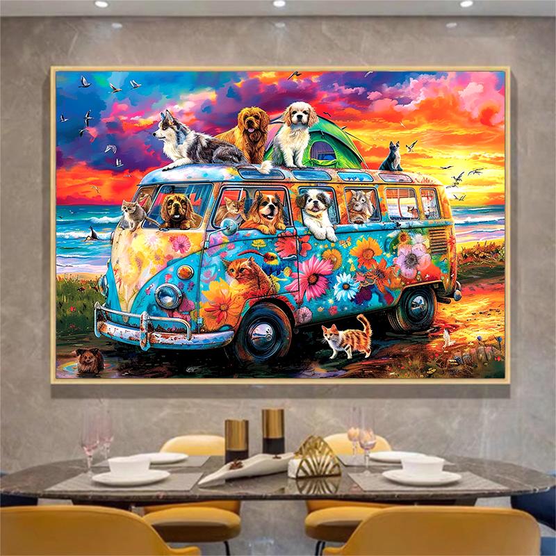 5d DIY Diamond Painting Cross Stitch Cute Animal Bus Diamond Embroidery Mosaic Full Round Drill Home Decor Arts