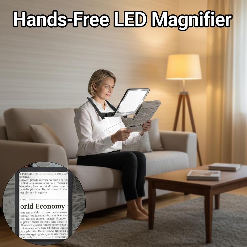 Rechargeable Foldable Neck Magnifier with LED Light, Hands Free Magnifying Glass for Close Work, Crafting, Repair, Low Vision