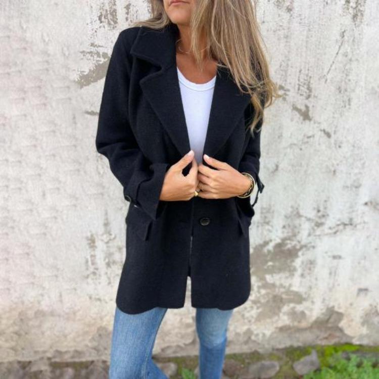 Women Solid Color Woolen Coat Mid-length Lapel Long Sleeve Single Breasted Outwear with Side Pockets Commuting Style