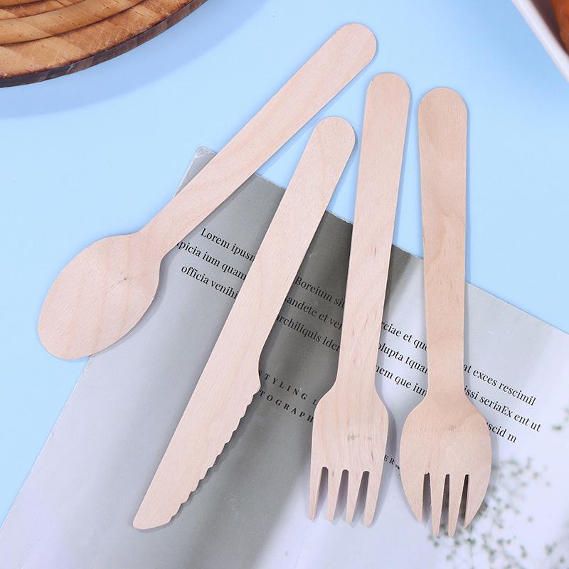 100 Pcs Disposable Wooden Cutlery Forks/Spoons/Cutters Knife Party Supplies Kitchen Utensil Dessert Tableware Packing Set
