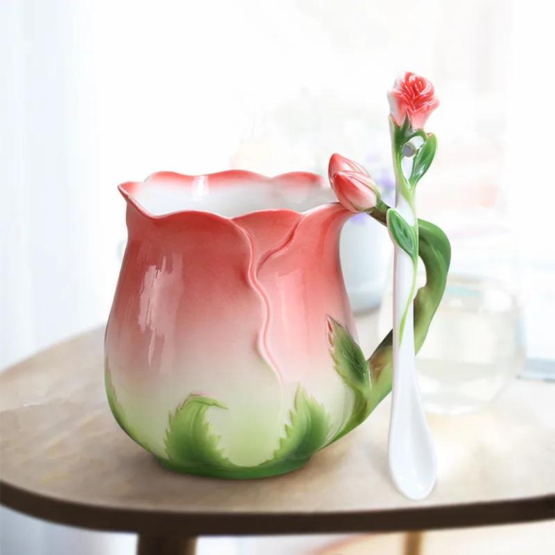 2025 New European Style Enamel Ceramic Coffee Mug Creative 3D Rose Flower Shape Teacups Pastoral Milk Cups with Spoon Gifts