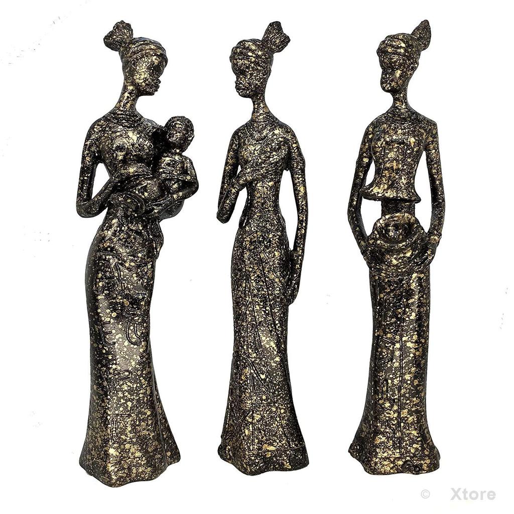 Beautiful Finish Uniquely Hand Crafted Home Decor African Tribal Women Art Piece - (Set of 3, Black and Golden Color)