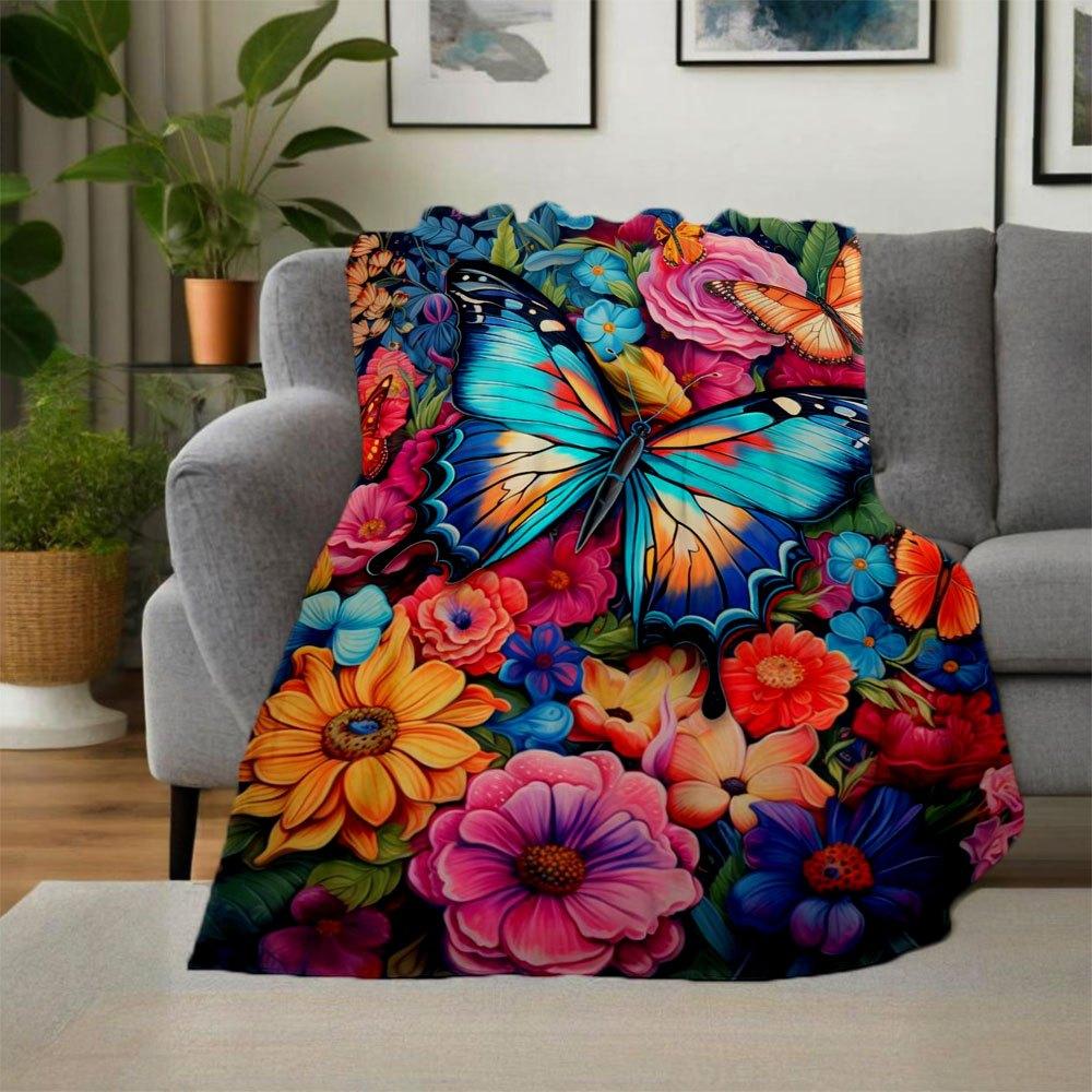 "Colorful Butterfly Garden Wall Art Print"Blanket Flannel Throw Blanket for Sofa, Bed, Travel, Camping, Office, Couch, Chair, And Bed Gift F