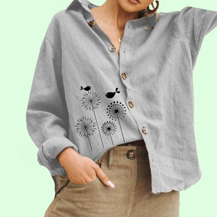Dámská móda Květinový potisk Blůza Dámský bavlněný lněný top Ležérní košile na knoflíky