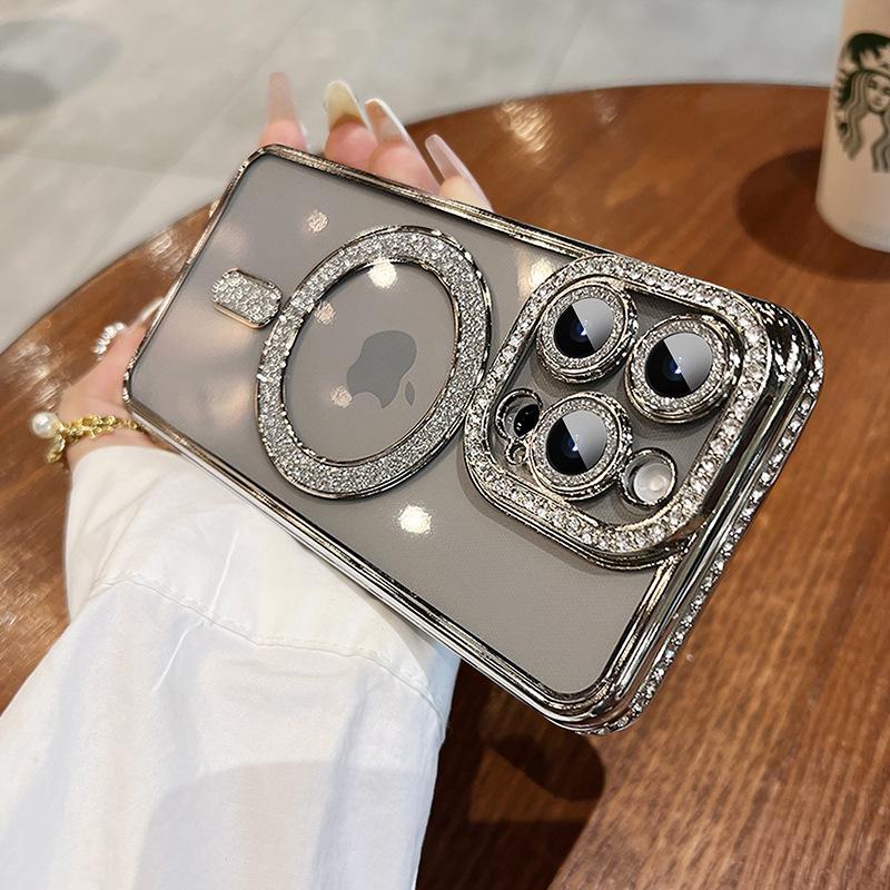 Luxury Plating Glitter Magnetic For Magsafe Case For iPhone 15 13 12 11 14 Pro Max Diamond Lens Protection 15 14 Plus Back Cover