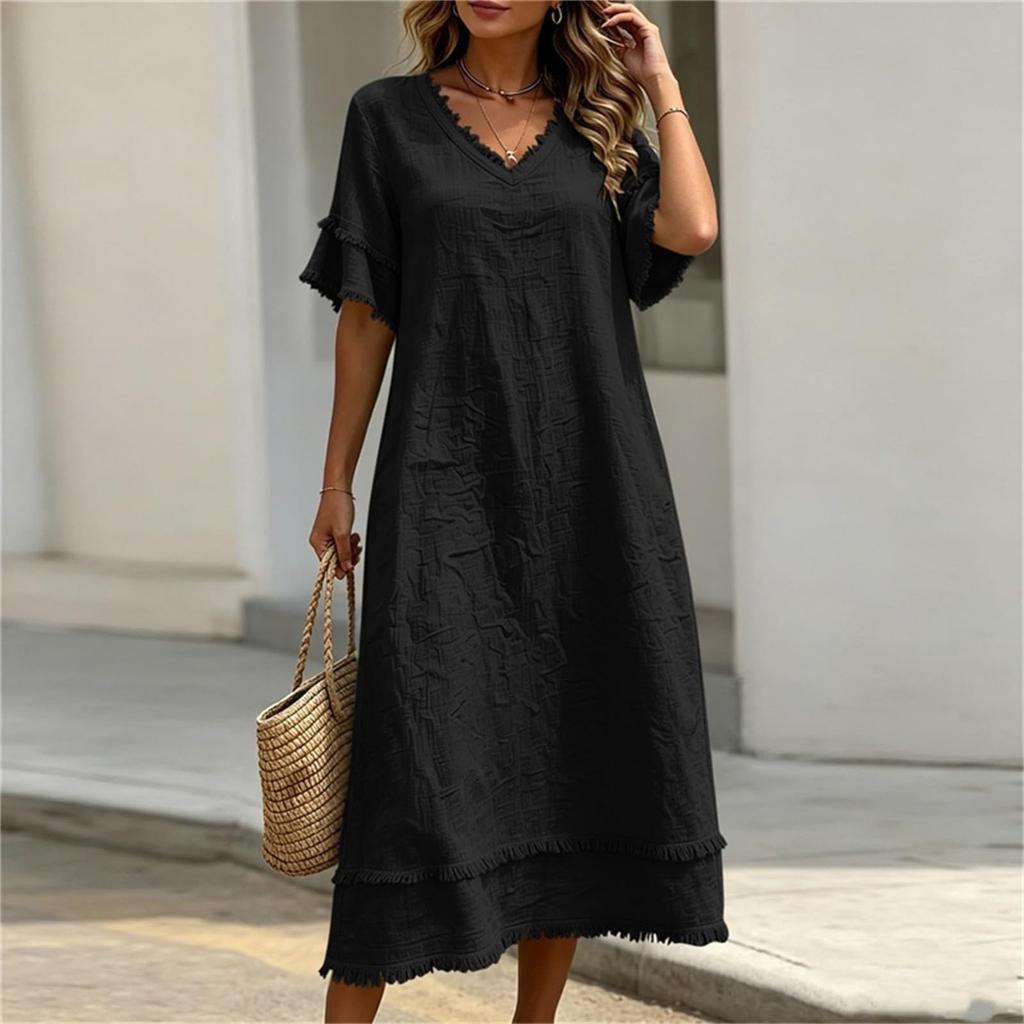 Women's Casual Loose Fit Midi Dress V Neckline Half Sleeve Ruffle Trim Lightweight Summer Dress