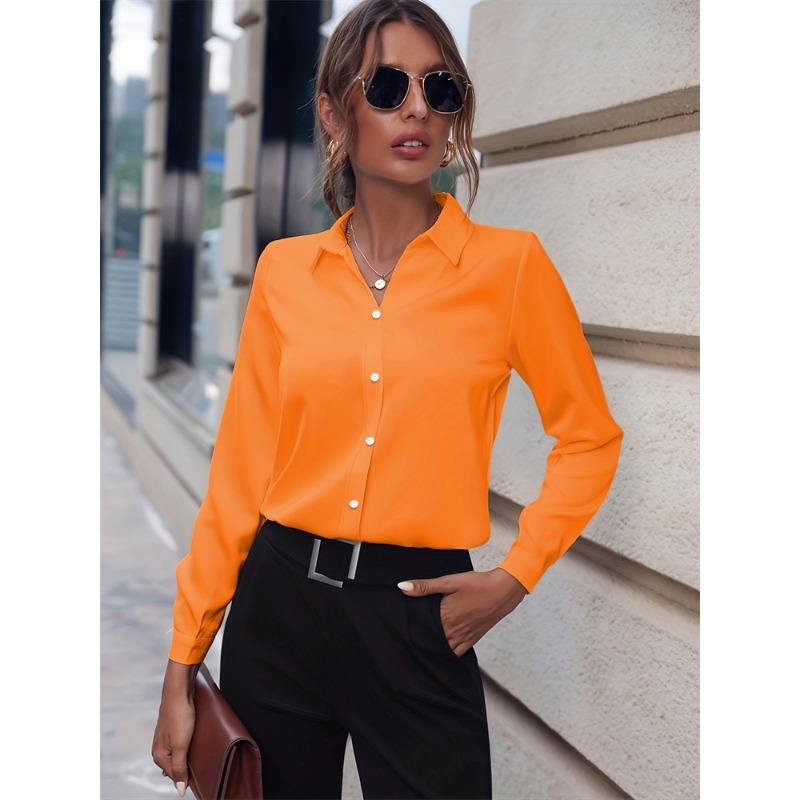 Chemise Femme Tempérament Décontractée Ample Confortable Bouton Revers Mode Chemise Couleur Unie Manches Longues Chemise de Bureau Femme