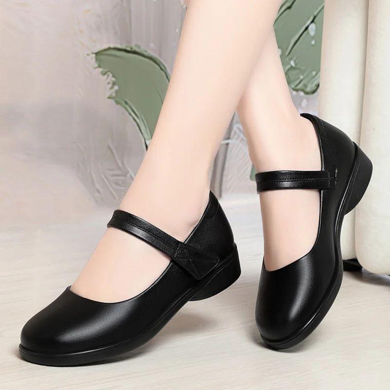fashion Spring Autumn Platform Soft Leather Casual Wedge Shallow Mouth Comfortable Women Daily Mom JK Black Low Heel Shoes Cosplay