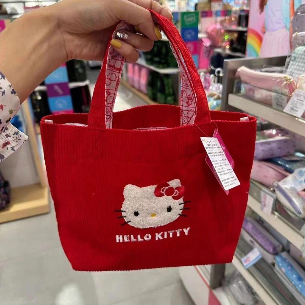 Cute Corduroy Kitty Handbag: Large Capacity, Girlish Heart Design, Portable Tote for Outings & Bento