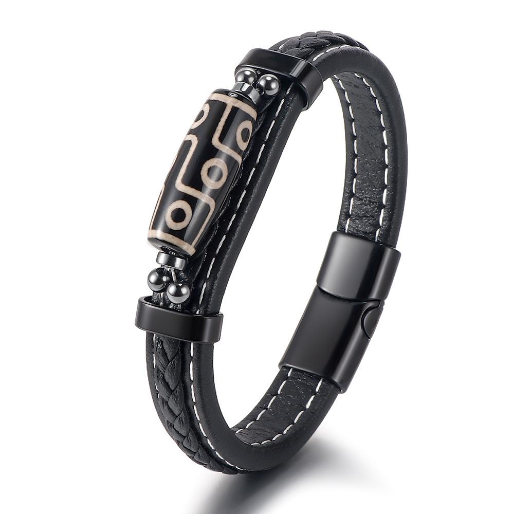 Handwoven Dzi Bead Alloy Natural Stone Unisex Ethnic Style Bangle Fashionable European/American Cross-Border Vintage Cuff Gift