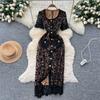 Advanced Sense Hollow Gas Square Collar Lace Dress Women's Summer Metal Buckle Waist Slim A-shaped Skirt