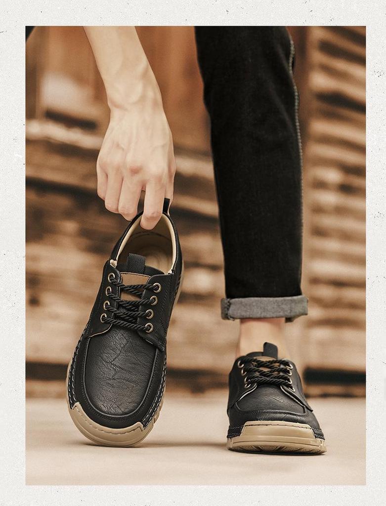 2025 Autumn Men's Breathable Leather Moccasins: Soft Sole, Hand-stitched, Low-top, Lace-up Casual Driving Shoes