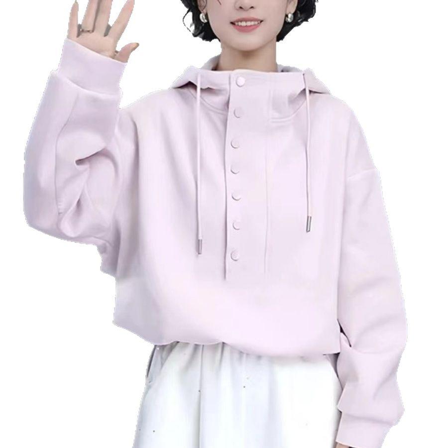 Early Spring Casual Hooded Sweatshirt - Versatile Loose Fit, Half-High Neck, Trendy Small Size Top
