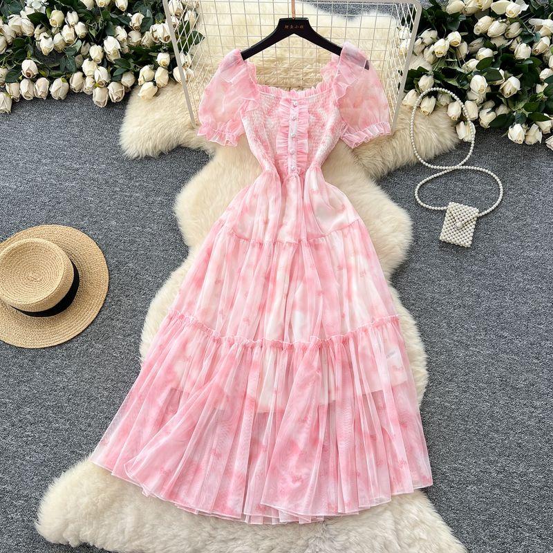 

French style Gentle Style Niche Square Collar Puff sleeve Beads Waist Hugging Tie-dye Print Mesh Dress Women Temperament Long dress Pink All yards