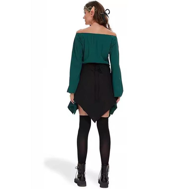 Magical Forest Elf Costume, One Shoulder Trumpet Sleeve Medieval Dress, Suitable for Halloween Cosplay, Renaissance, and Theme Parties