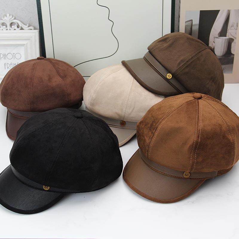 Autumn and winter new suede octagonal hat women's M metal label belt newsboy hat British retro versatile painter hat