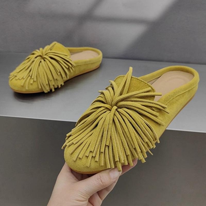 Fashion AIYUQI Slippers For Women Genuine Leather 2025 New Flat Tassel Closed-Toe Shoes Female Large Size Slip-On Shoes Women's Mules