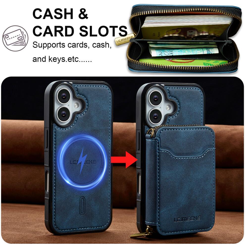 (iPhone 16 Plus, Blue) For iPhone 16 Plus Magnetic Case Detachable Zipper Wallet Leather Coated PC+TPU Phone Cover