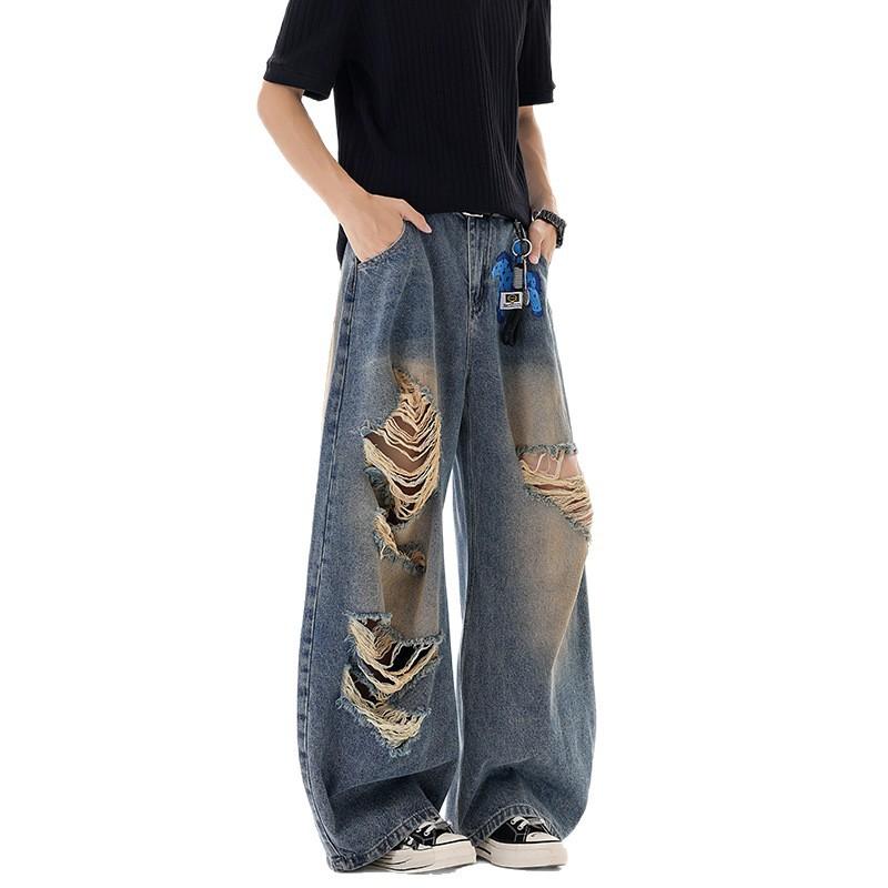 Summer new ripped jeans American retro men's and women's loose wide-leg pants washed and old design mopping pants