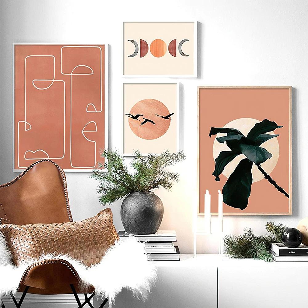 Boho Monstera Palmblatt Wandbilder Sonne Mond Wandposter Liniengeometrie Poster Dekoration Abstrakte Kunst Malerei Wanddeko