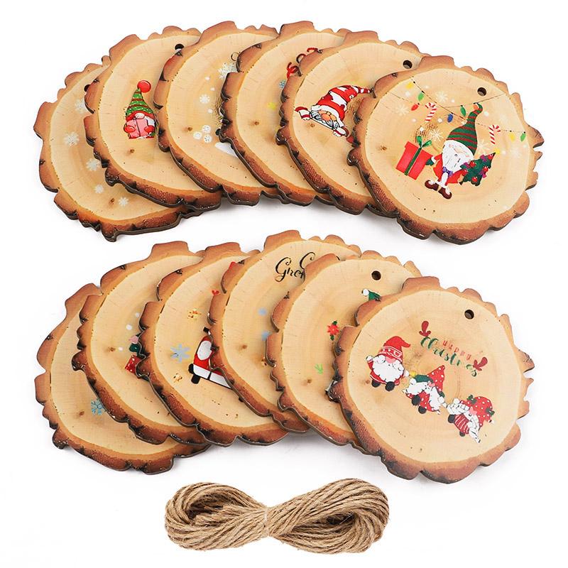 12/24Pcs Christmas Wooden Ornament Cartoon Santa Claus Rustic Wood Slice New Year Home Decoration Xmas Tree Hanging Pendant Gift